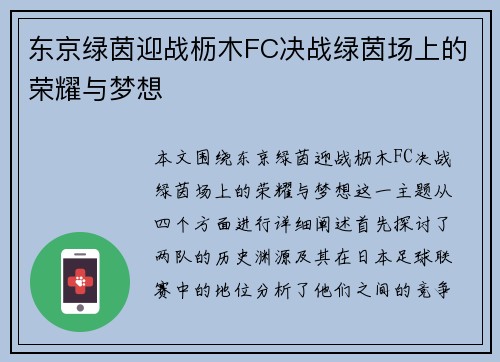 东京绿茵迎战枥木FC决战绿茵场上的荣耀与梦想